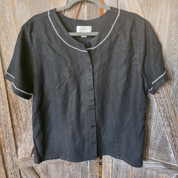 CJ Banks Tops - CJ Banks Shirt Women's Size 1X Black Short Sleeve Button Up Linen Rayon Blend